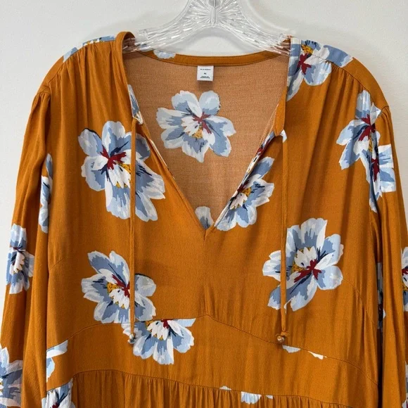 Old Navy Empire-Waist Split-Neck Floral Midi Dress Mustard Floral Tiered Size XL - Picture 4 of 15